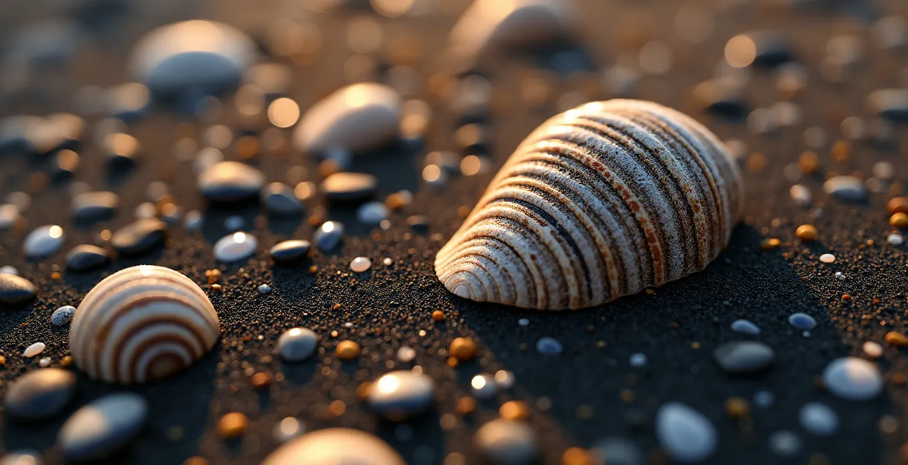Détail macro du sable volcanique noir caractéristique du Cap d'Agde avec coquillages