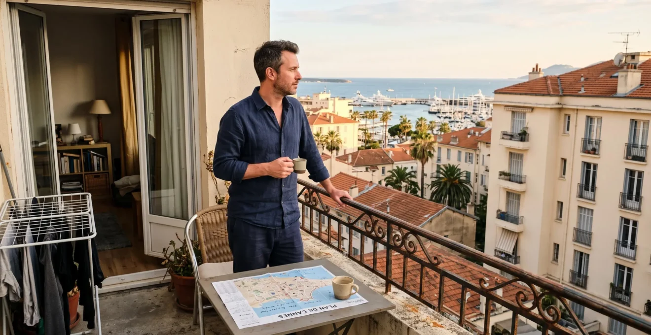 Un homme sur le balcon d'un studio compare un plan du quartier avec la vue réelle.