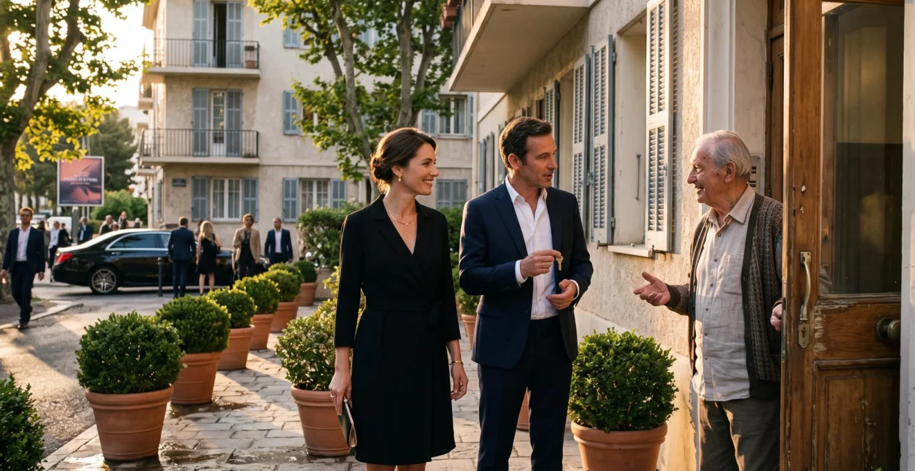 Un couple récupère les clés d'un studio auprès du propriétaire à Cannes.