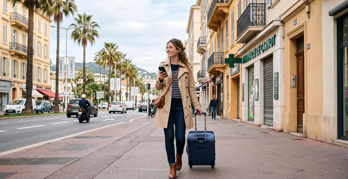 Une voyageuse avec une valise cherche son chemin dans une rue animée de Cannes.